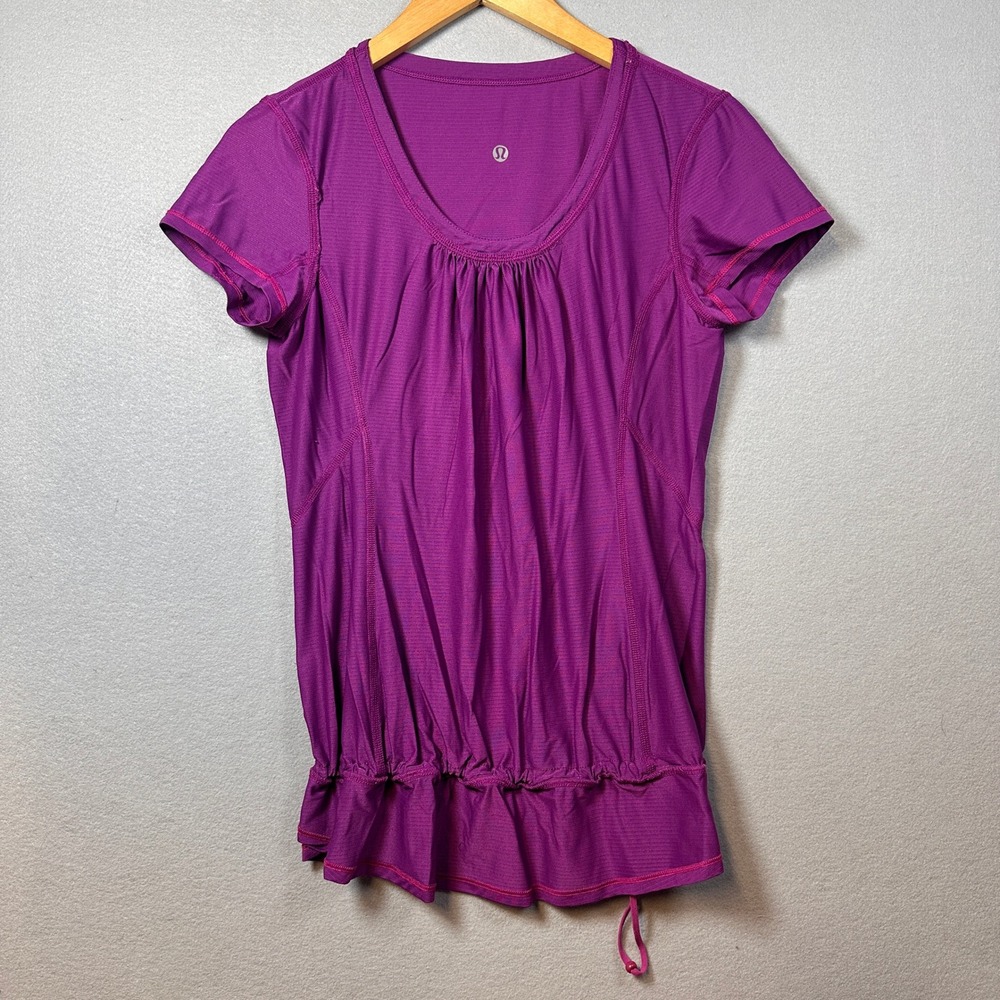 Lululemon Athletica Purple Pleated Drawstring Hem Short Sleeve Yoga Top Size 8